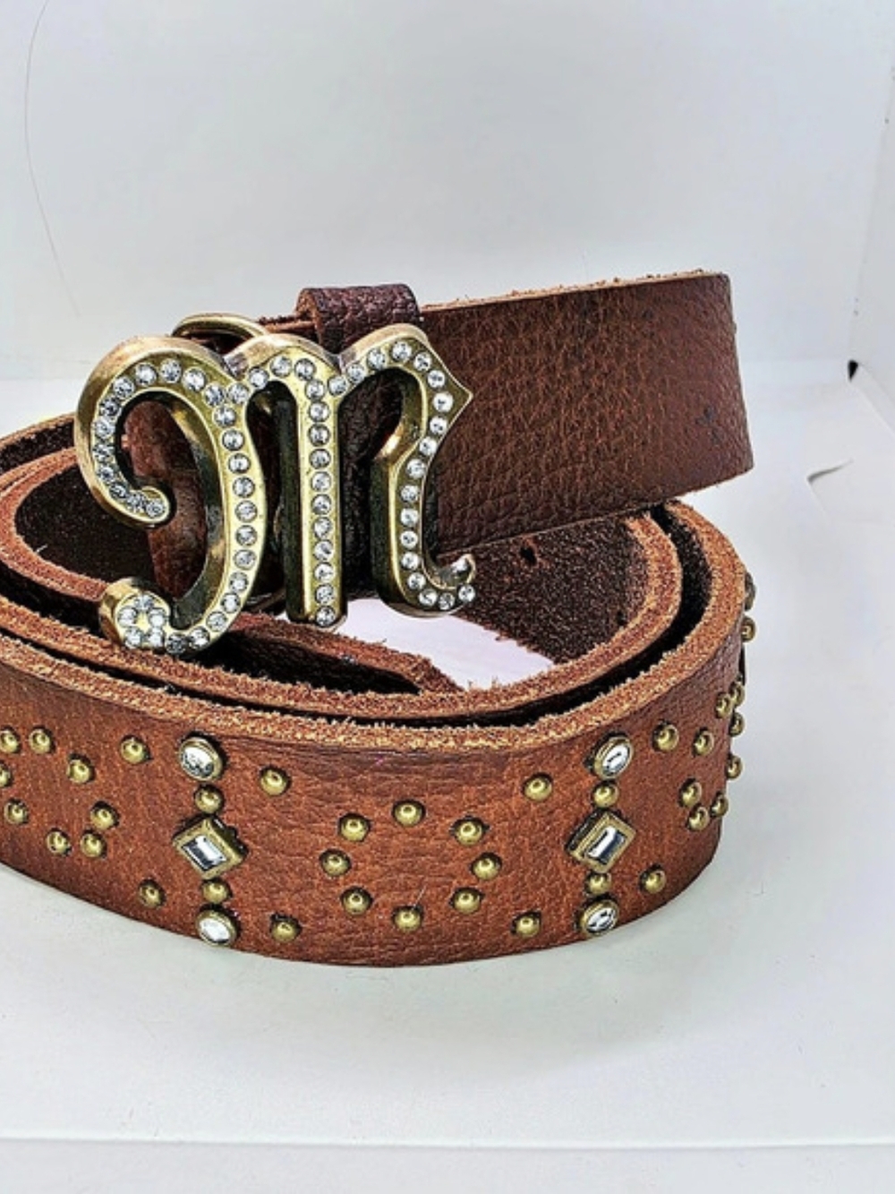 Miss Me Y2K Brown Leather Belt Rhinestone Bedazzled Studded M Buckle Sz XL 30"